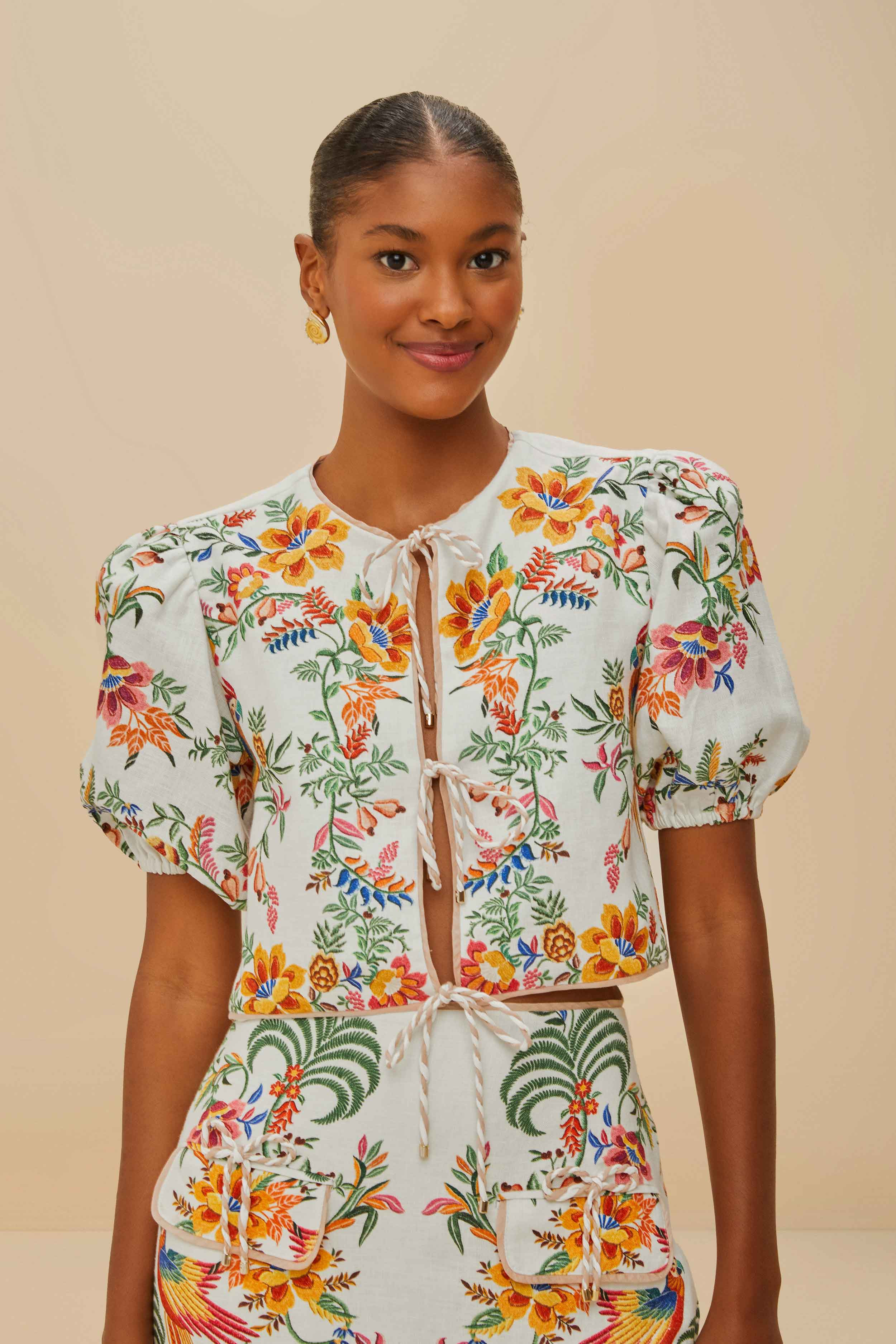 Off-White Delicate Forest Scarves Euroflax Premium Linen Blouse, DELICATE FOREST SCARVES OFF-WHITE / S | FarmRio (US)