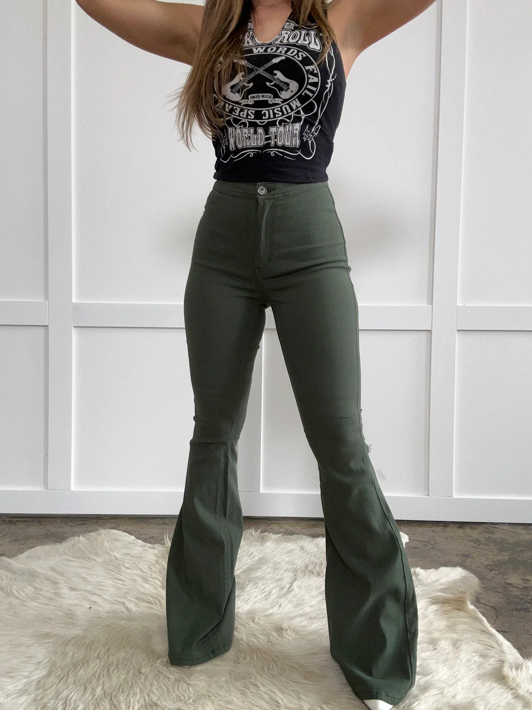 Fiona High Waisted Bell Bottom Flare Jeans - Olive | Willow Boutique