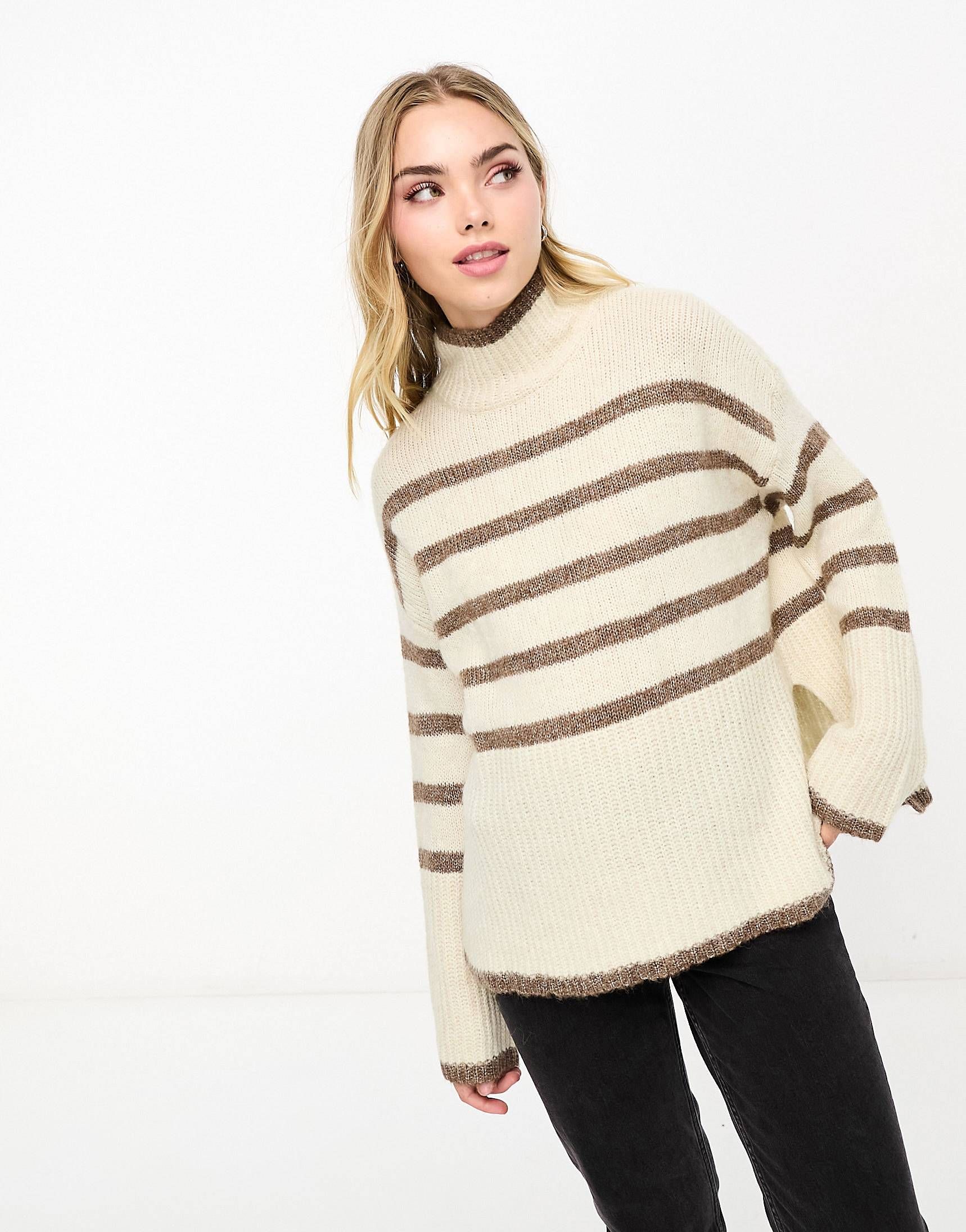 Vero Moda high neck oversized stripe jumper in cream and brown | ASOS (Global)