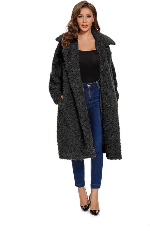 SUGAR POISON Women's Fuzzy Fleece Lapel Open Front Long Cardigan Coat With Belt Faux Fur Warm Win... | Amazon (US)