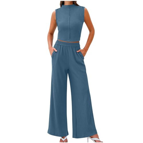 womens 2 piece sets Two for Women Summer Outfits Ribbed Knit Sleeveless Crop Top High Waist Wide Leg Pants Matching Lounge Set | Amazon (US)
