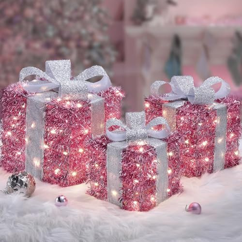 Elegear Christmas Lighted Gift Boxes, 140 LEDs Pink Christmas Decorations Indoor 8 Modes & Timer Function Set of 3 Plug-in Light Up Present Boxes Christmas Decor for Holiday Party Xmas Indoor Outdoor | Amazon (US)