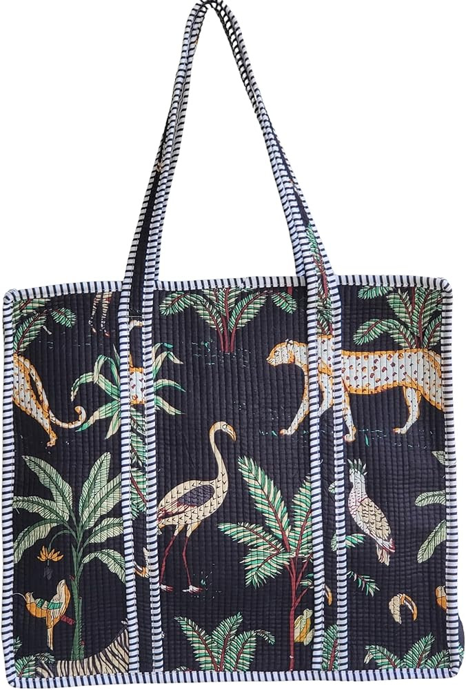 100% Cotton Jungle Print Shoulder Bag Tote Bag Women Reversible Shopping Bag and Grocery Bags Sty... | Amazon (US)