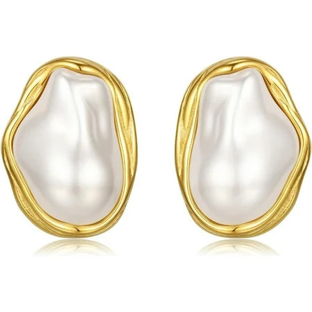 Vintage Pearl Earrings Chunky 14K Gold Plated Pearl Earrings for Women Oval Stud Non Tarnish | Walmart (US)