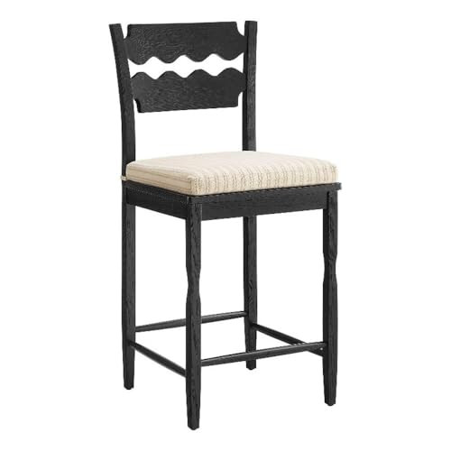 Modway Jax Vintage Inspired Oak Wood Counter Stool with Wavy Razor Back in Black Oatmeal Stripe - Counter Height Stool with Fabric Seat Cushion for Kitchen Island or Dining Counter | Amazon (US)