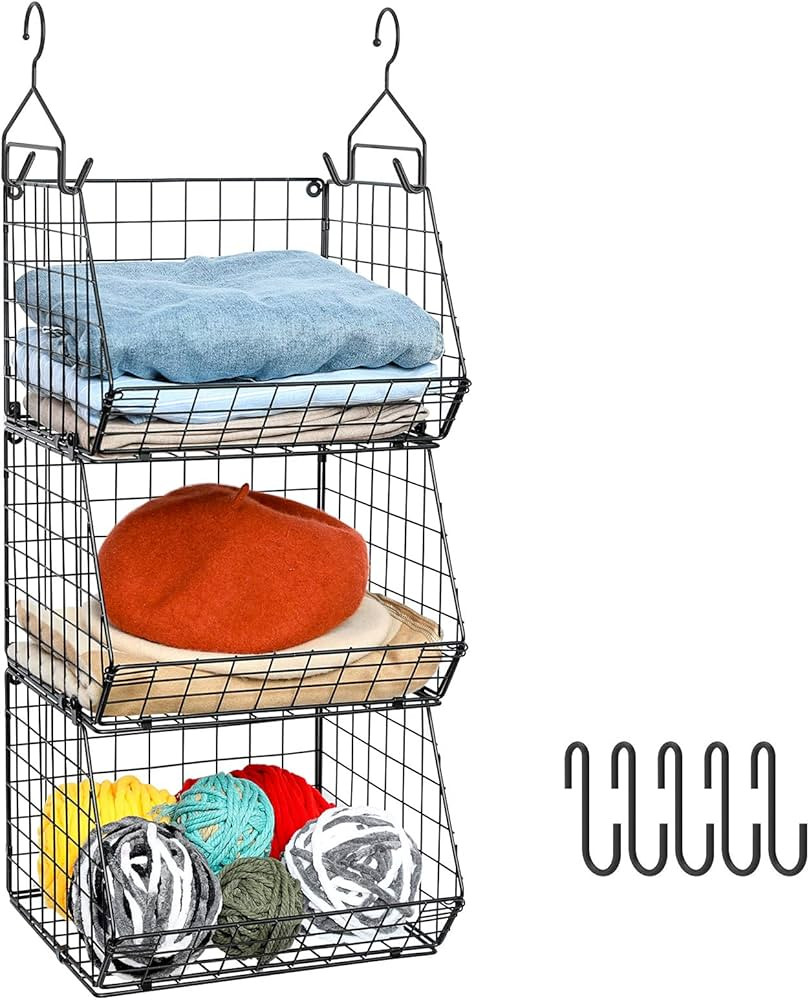 X-cosrack 3 Tier Foldable Closet Organizer, Clothes Shelves with 5 S Hooks, Wall Mount&Cabinet Wi... | Amazon (US)