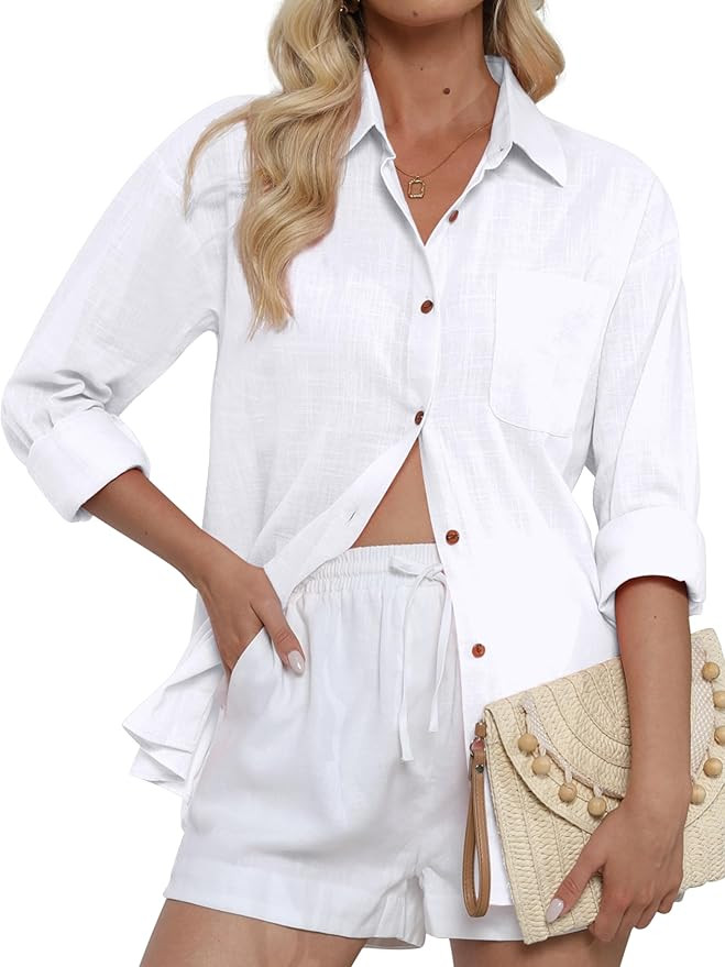 CUNLIN Women's Button Down Shirts Gauze Cotton Beach Wear Long Sleeve Shirt for Women with Front ... | Amazon (US)