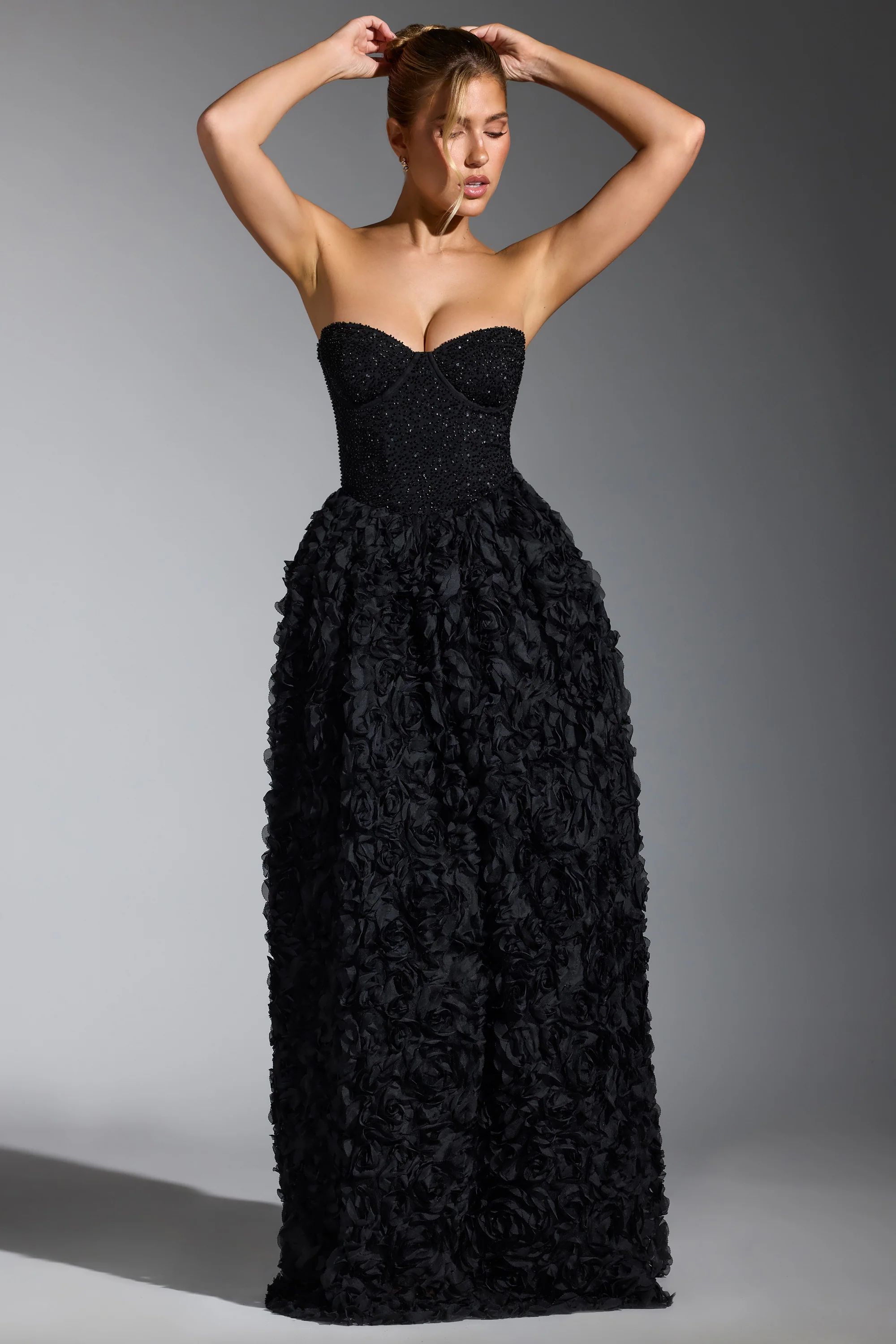 Embellished Floral-Appliqué Corset Gown in Black | Oh Polly