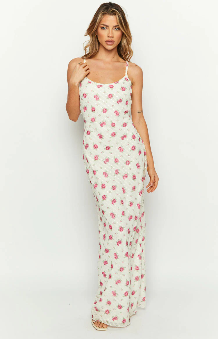 Renesmee White Floral Chiffon Maxi Dress | Beginning Boutique (US)