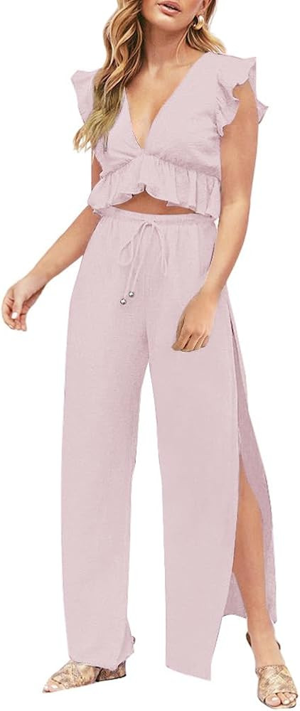 FANCYINN Womens 2 Pieces Outfits Deep V Neck Crop Top Side Slit Drawstring Wide Leg Pants Set Jum... | Amazon (US)