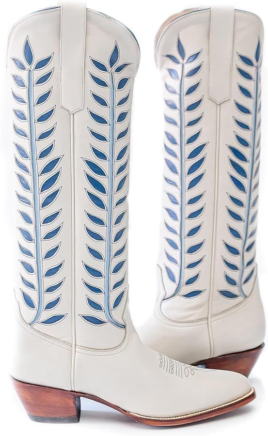 Leaf Embroidered Cowboy Boots for Women Chunky Heel Round Toe Mid Calf Boots Knee High Cowgirl Bo... | Amazon (US)
