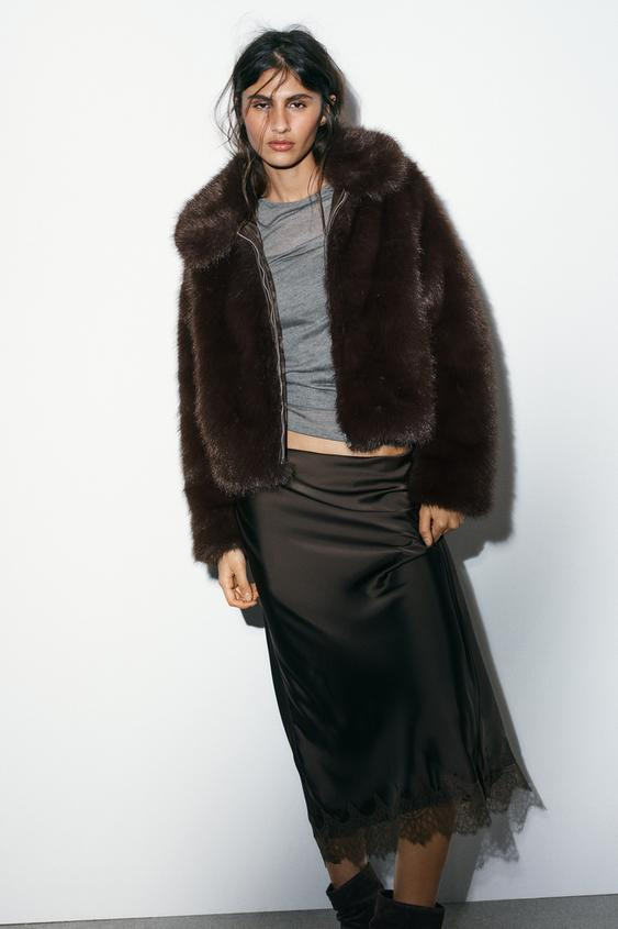 SATIN EFFECT LACE MIDI SKIRT | Zara US