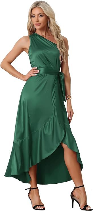 Allegra K Women's Satin Dresses One Shoulder Belted Split Ruffle Evening Cocktail Dress | Amazon (US)