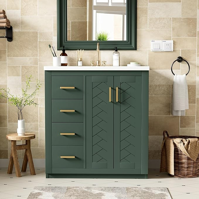 Merax 30'' Bathroom Vanity with Ceramic Sink Combo, Solid Wood Frame Bathroom Storage Cabinet, Fr... | Amazon (US)