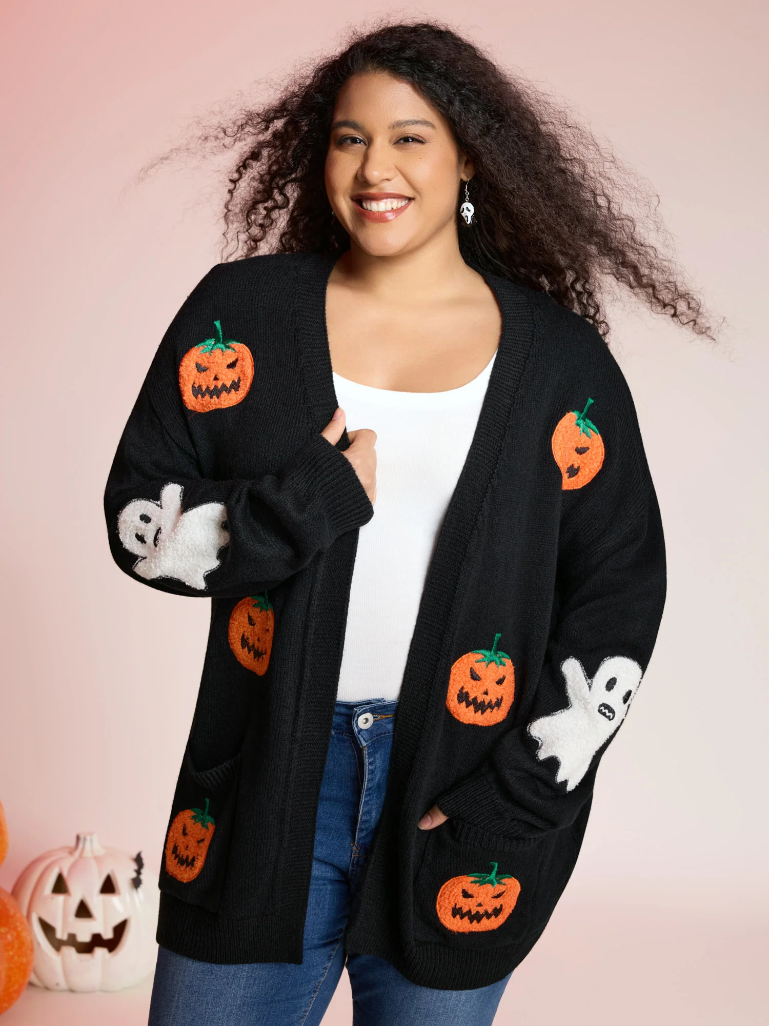 Pumpkin Ghost Embroidery Open Cardigan | Bloomchic