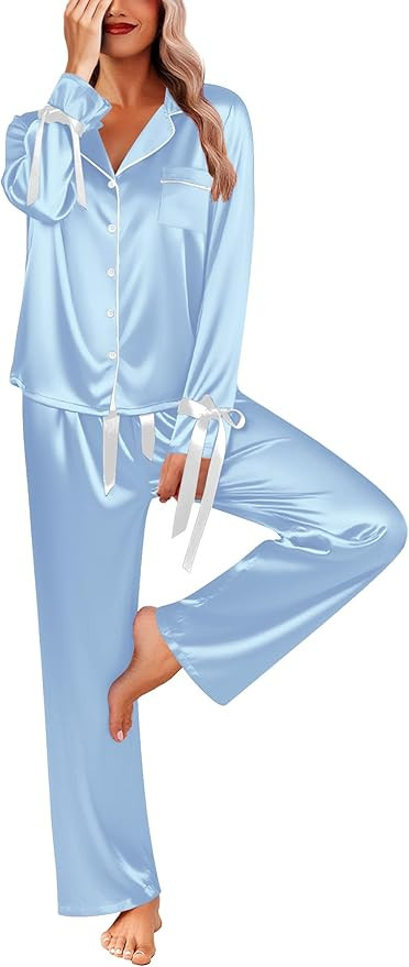 Ekouaer Women Classic Button Down Long Satin Pajamas Set,Bow Tie Silky Cute Pjs Sets Fancy Lounge... | Amazon (US)