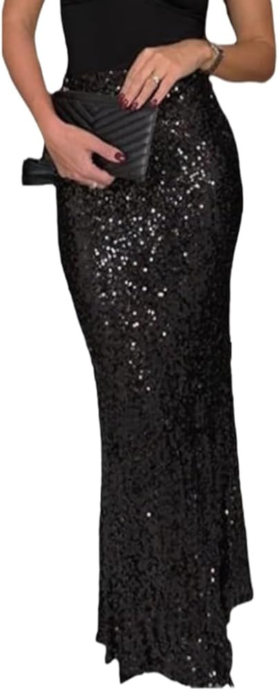 Wuitrie Womens Black Sequin Skirt Elegant High Waist Bodycon Mermaid Maxi Skirts Cocktail Party N... | Amazon (US)