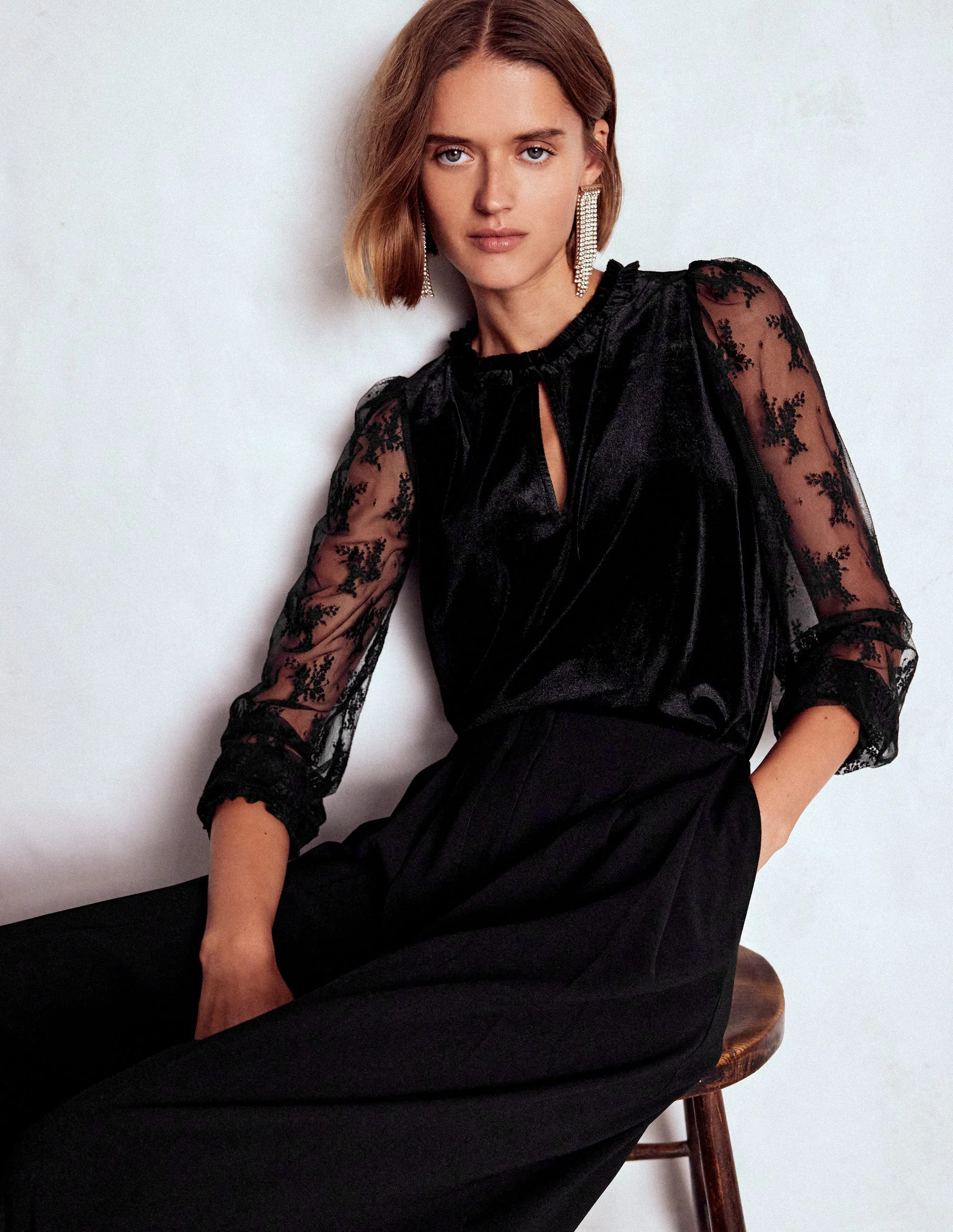 Mixed Media Puff Velvet Top Black Boden | Boden (US)