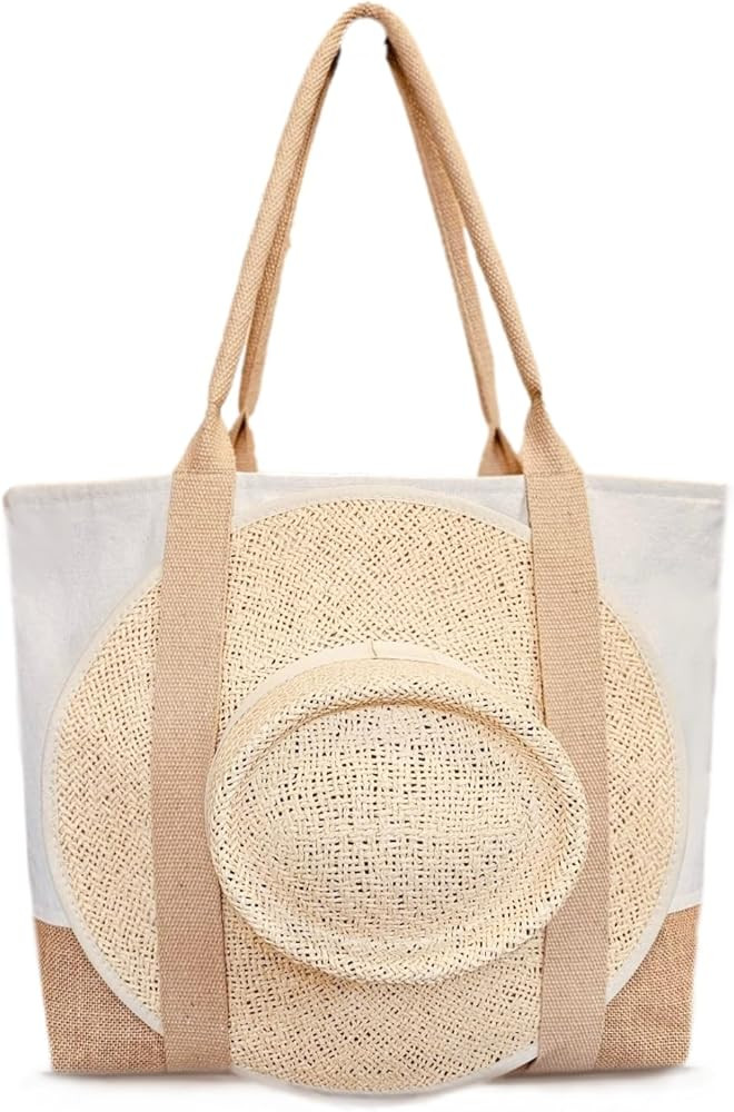 Beach Bag - Large Woven Beach Tote Bag - Boho Chic Travel Tote Bag With Hat Holder | Amazon (US)