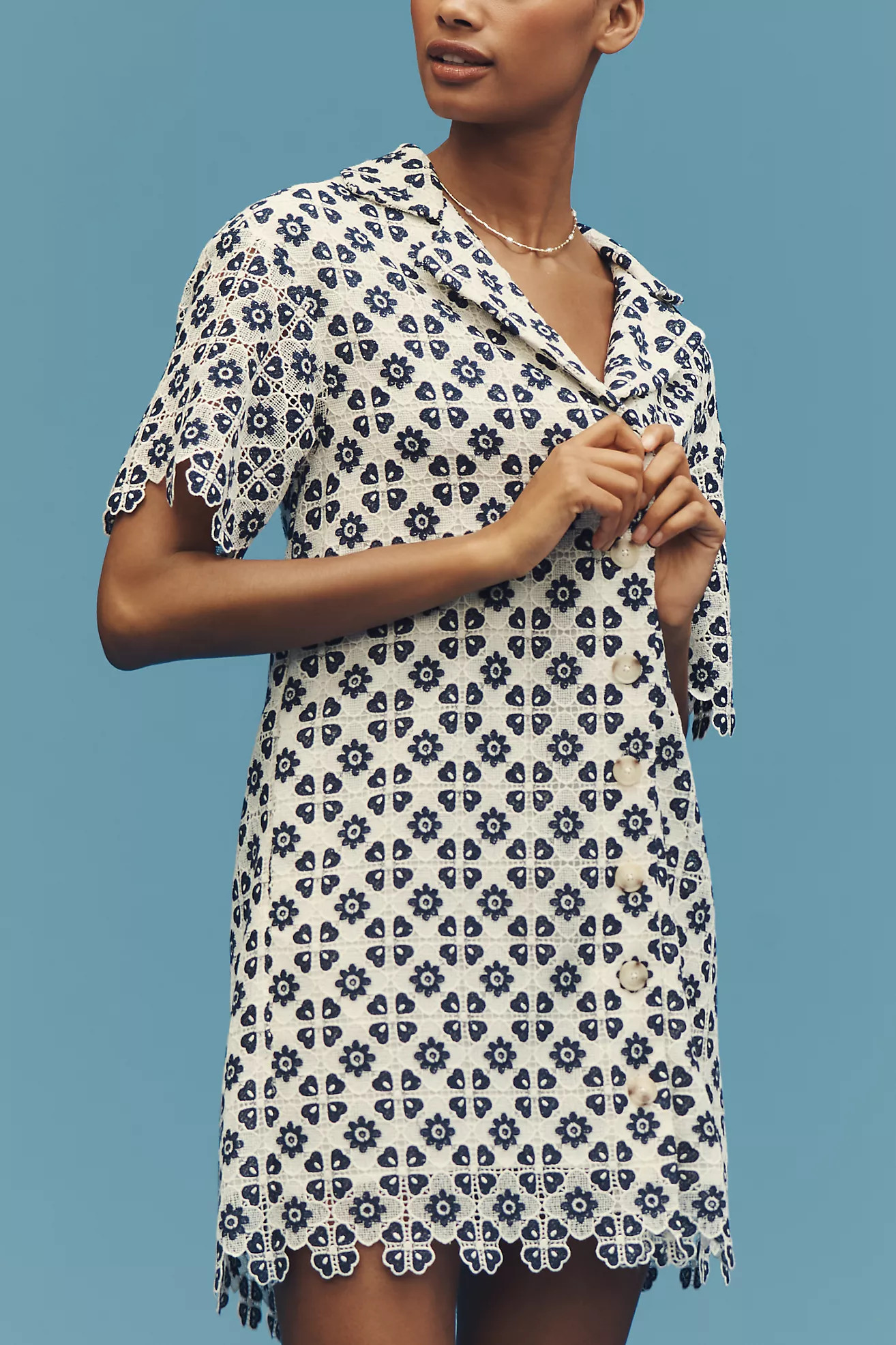 Maeve Short-Sleeve Geo Lace Mini Shirt Dress | Anthropologie (US)