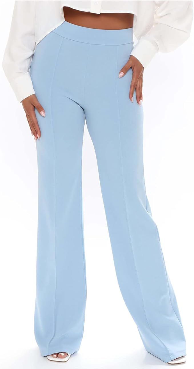 IyMoo Women Stretchy Wide Leg Pants Slacks Casual Back Zipper High Waisted Straight Dress Long Pa... | Amazon (US)