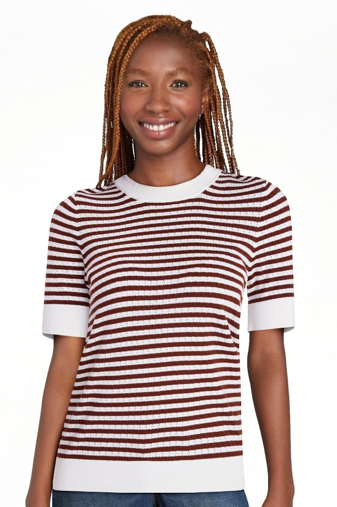 Time and Tru Women's Stripe Pointelle Rib Sweater with Short Sleeves, Lightweight, Sizes XS-XXXL | Walmart (US)