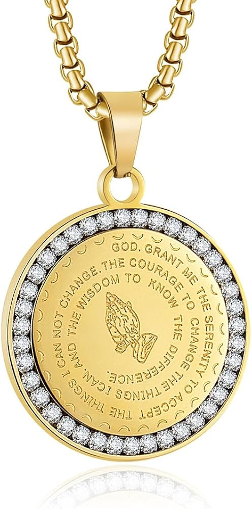 Serenity Prayer Necklace Stainless Steel Coin Pendant for Men Women     Praying Hands, Lords Pray... | Amazon (US)