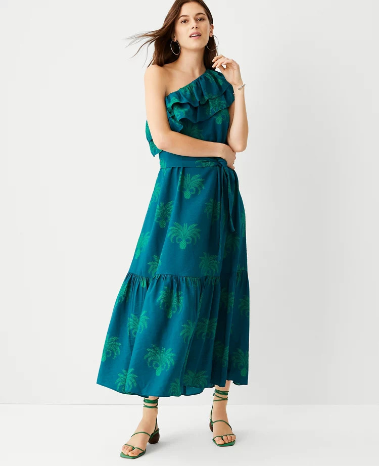Pineapple Ruffle One Shoulder Belted Maxi Dress | Ann Taylor (US)