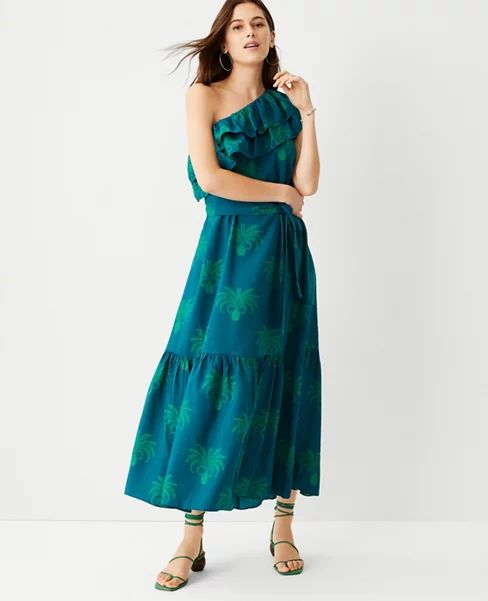 Pineapple Ruffle One Shoulder Belted Maxi Dress | Ann Taylor (US)