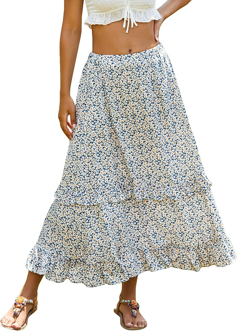 Zeagoo Floral Skirt Midi Long Skirt Elastic High Waist Pleated Ruffle Skirt with Pocket | Amazon (US)
