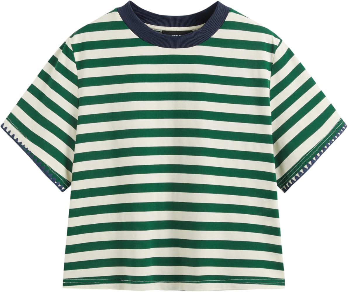 CIDER Women Stripe Crop Top Oversized Summer Crew Neck T-Shirt Cotton-Blend Short Sleeve Tee | Amazon (US)