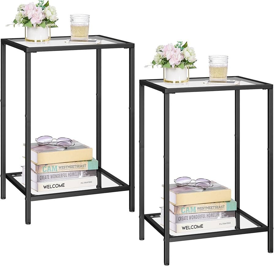 Side Tables Set of 2, End Tables with Tempered Glass, 2-Tier Nightstands with Storage Shelves, Co... | Amazon (US)