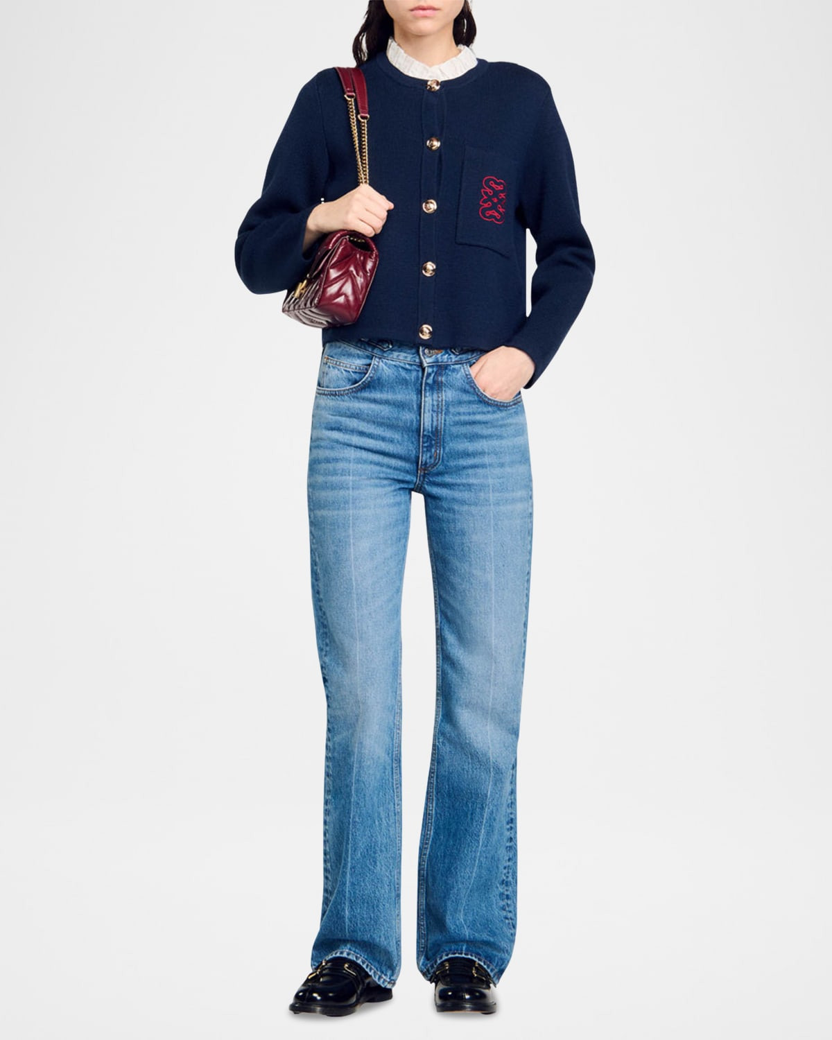 Samba Poplin Collar Embroidered Wool Cardigan | Neiman Marcus