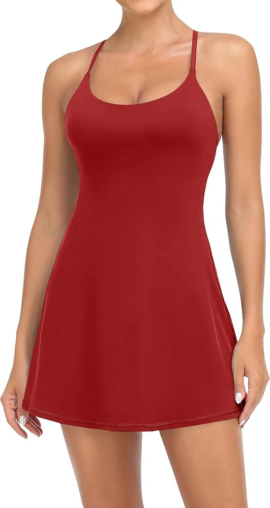 Women Workout Tennis Dress with Built-in Bra Shorts, Cross Shoulder Straps and Pockets | Amazon (US)