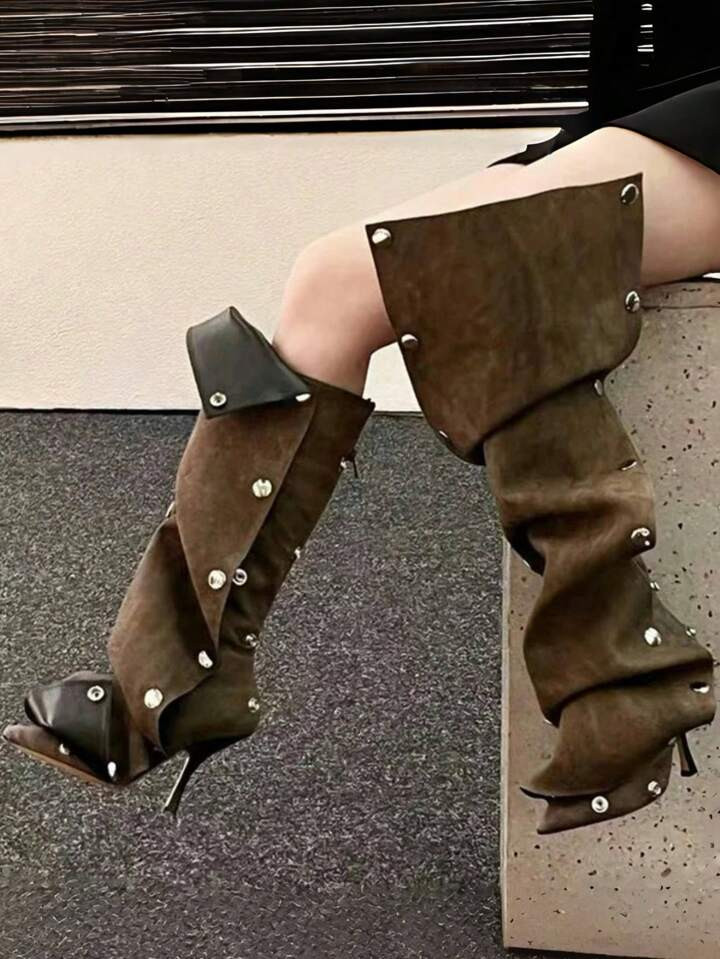 Y2K Women's Knee High Boots Stiletto Boots Pointed Toe High Heels Wide Calf Ruched Slouchy Boots ... | SHEIN