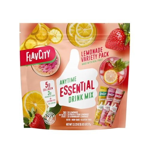FlavCity Anytime Essential Lemonade Variety Pack - Powder Drink Mix Packets with Collagen - Lemonade Packets in 3 Flavors - Water Flavoring with Collagen, Fiber & Electrolytes (30 Stick Packs) | Amazon (US)