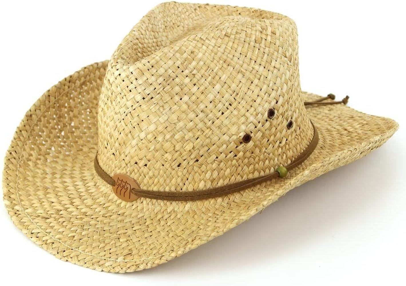 Straw cowboy hat with leather band detail and three horses badge. Natural | Amazon (UK)