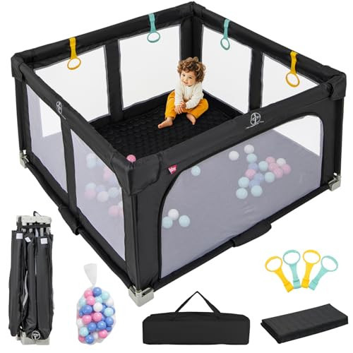 INFANS Foldable Baby Playpen with Mat, 50” x 50” Large Baby Play Yard for Infant with 50 Ocean Balls, 4 Handlers, Carry Bag, Indoor Outdoor Fence Toddler Activity Center (Black, 50” x 50”) | Amazon (US)