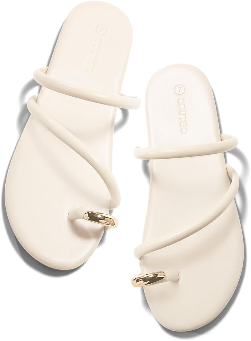 Coutgo Womens Strappy Flat Sandals Square Open Toe Flip Flops Slides Toe Ring Summer Dress Shoes | Amazon (US)