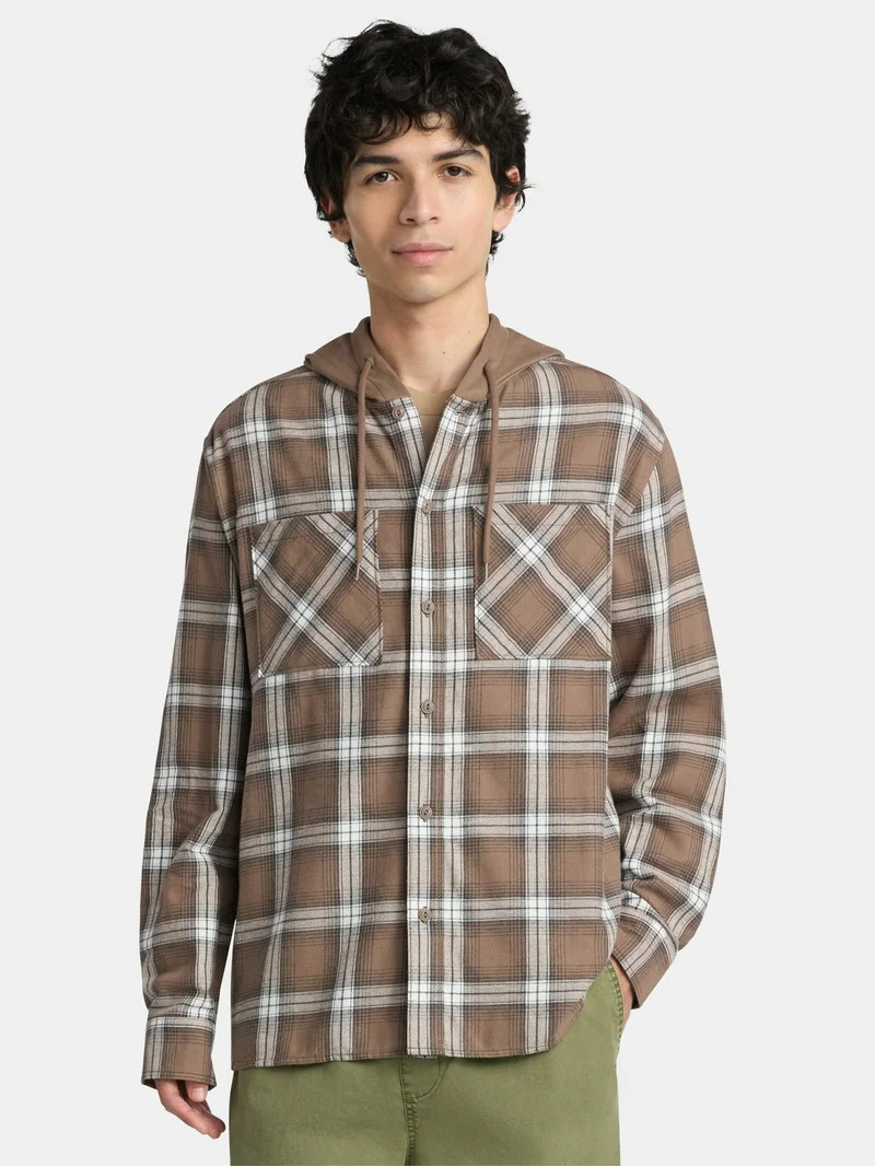 No Boundaries Men's & Big Men's Hooded Flannel Shirt with Long Sleeves, Sizes XS-5XL | Walmart (US)