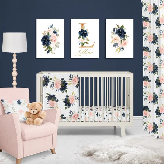 Navy Blush Gold Monogram Nursery Wall Decor, Baby Name Sign, Personalized Canvas, Flowers and Mon... | Etsy (US)