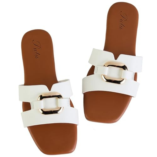 Putu Women's Flat Sandals Square Open Toe Slide Sandals Casual Summer Sandals with Metallic Buckle White 8.5 | Amazon (US)