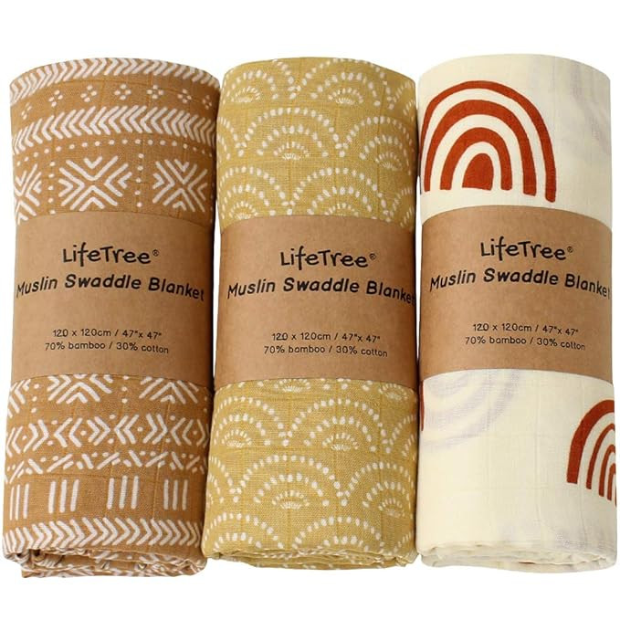 LifeTree Muslin Swaddle Blankets Newborn - 3 Pack Soft Bamboo Cotton Baby Swaddle Blankets Unisex... | Amazon (US)