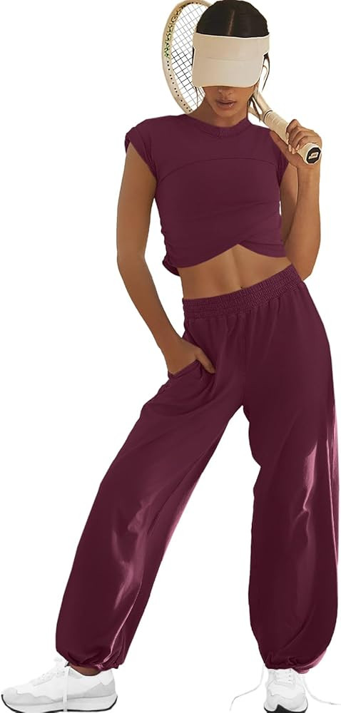 LAMISSCHE Womens Loungewear Set 2 Piece Outfits Sets Cropped Tops and Wide Leg Pants with Pockets... | Amazon (US)