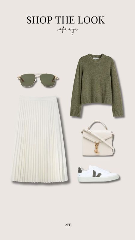 Cream & khaki spring outfit idea - white pleated midi skirt, khaki fine knit jumper, ysl cream top handle handbag, veja campo white & khaki trainers & missoma x le specs sunglasses  

#LTKstyletip #LTKSeasonal #LTKeurope