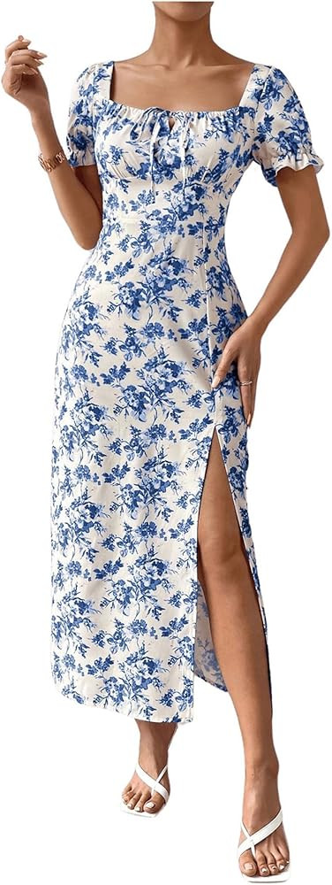 Floerns Women's Ditsy Floral Sweetheart Puff Sleeve A Line Midi Dress | Amazon (US)
