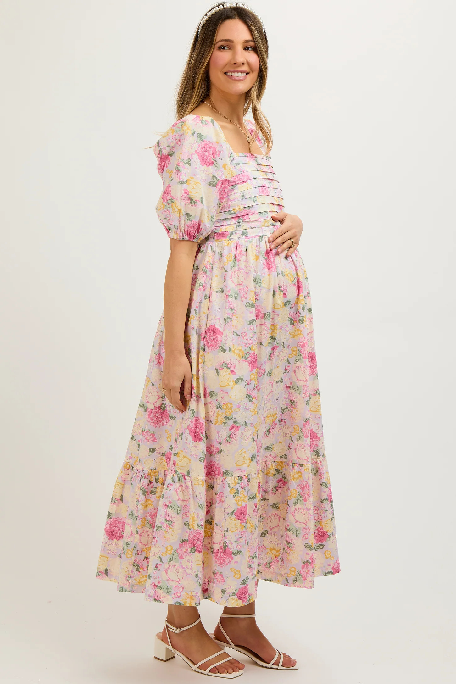Lavender Floral Pleated Puff Sleeve Maternity Midi Dress | PinkBlush Maternity