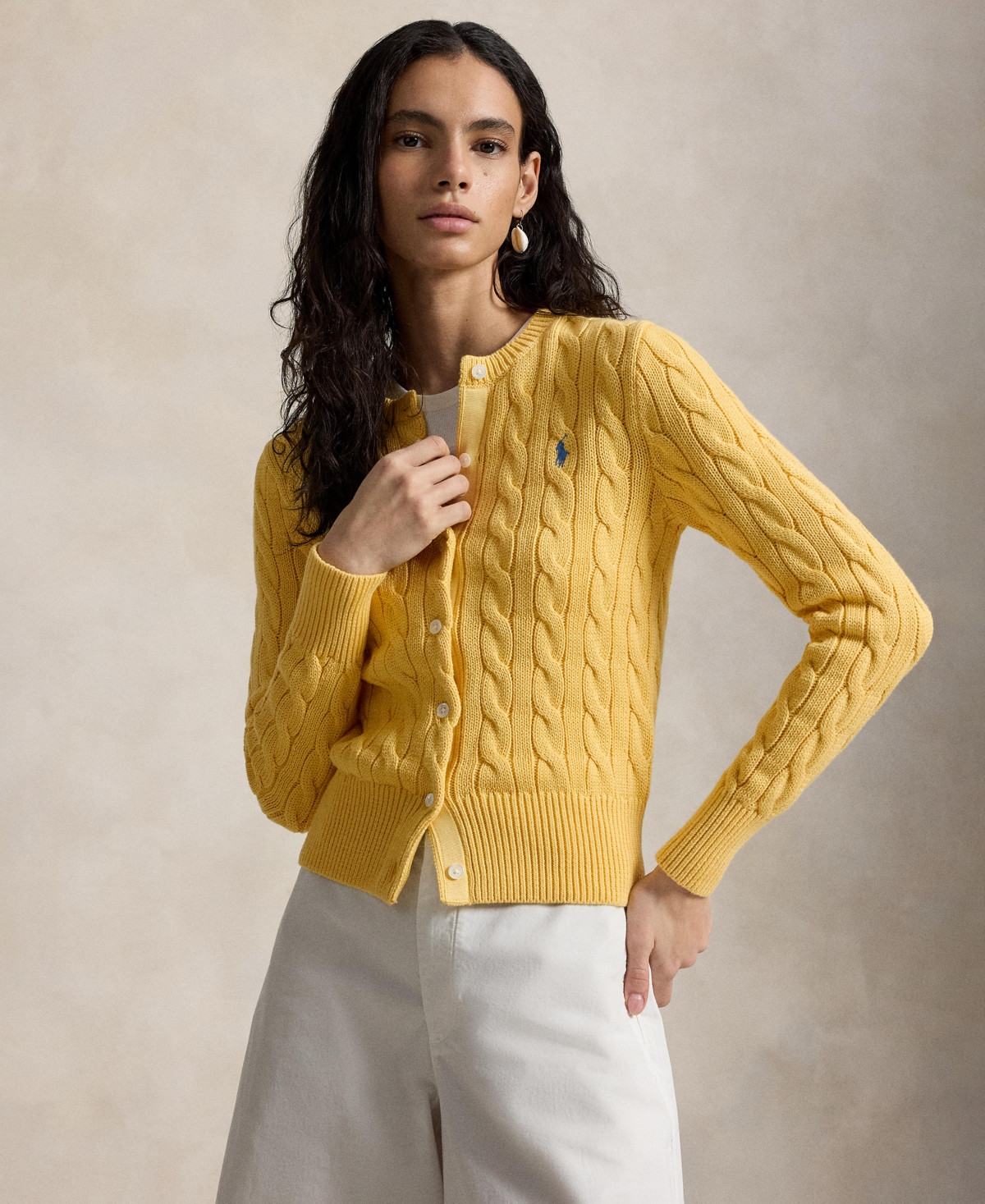 Polo Ralph Lauren Women's Cable-Knit Cotton Crewneck Cardigan Sweater - Beach Yellow | Macy's