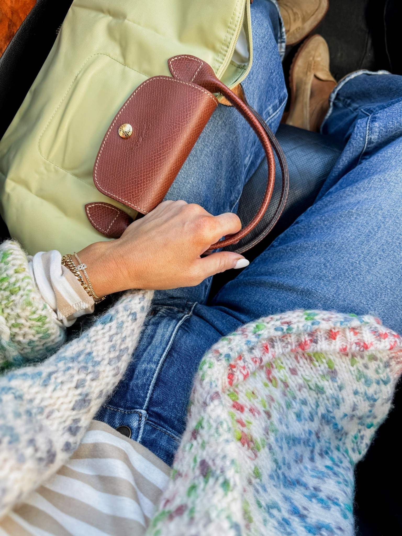 Winter style. Colorful style. Confetti sweater cardigan. Longchamp bag. 
Sweater S. Tee XS. 

#LTKSeasonal #LTKOver40