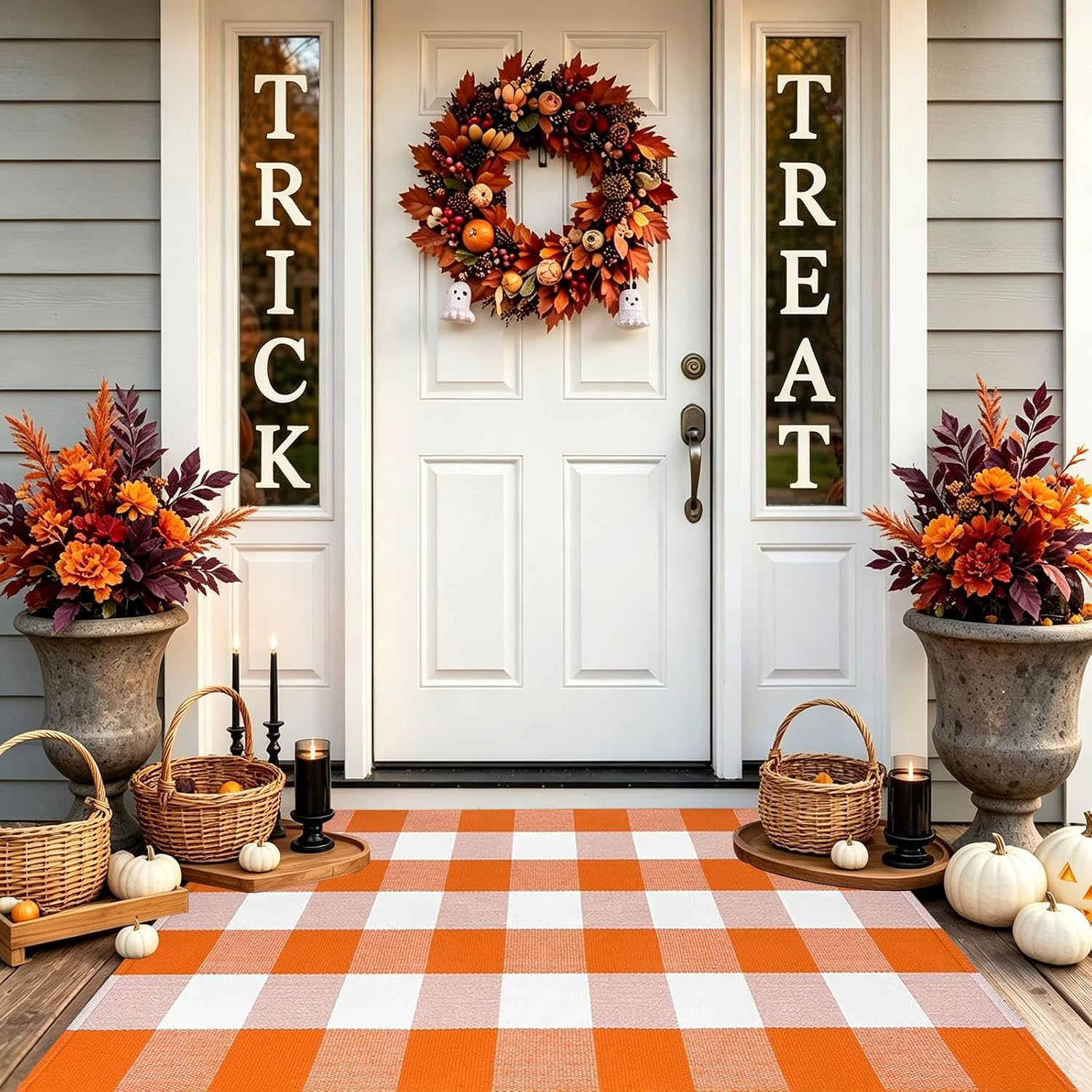 Fall Door Mat 2'4" x 3'7" Orange and White Bufflao Plaid Rug Layered Mat | Amazon (US)